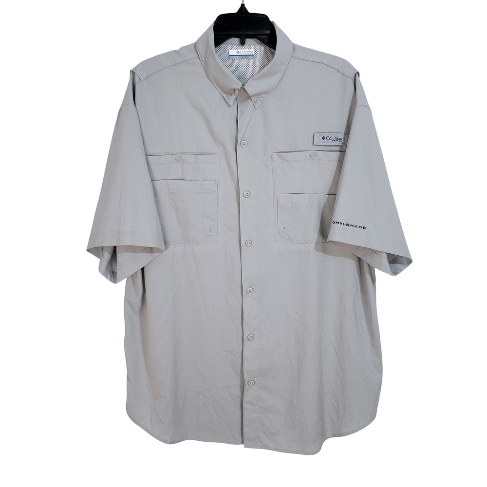 Columbia PFG Tamiami II Fishing Shirt Mens Large Light Gray Short Sleeve FM7266